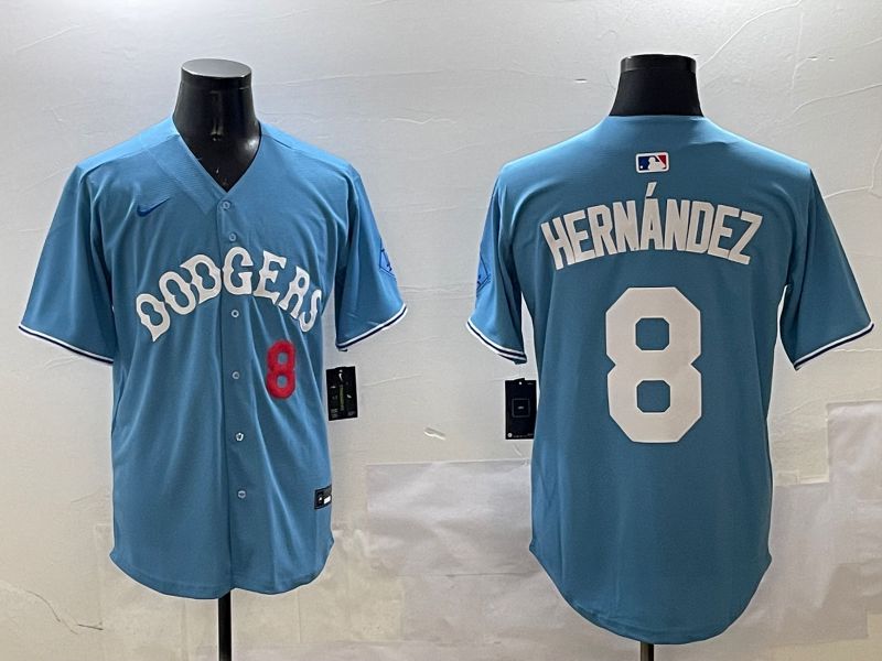 Men Los Angeles Dodgers 8 Hernandez Light Blue Throwback Game 2025 Nike MLB Jersey style 9